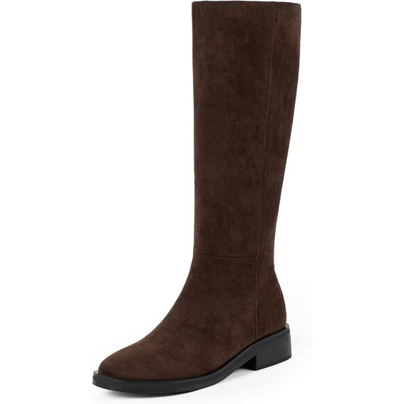 Women Polyurethane Suede Chocolate Round Toe Flat Side Zipper Knee High Boots - Picture 1 of 8